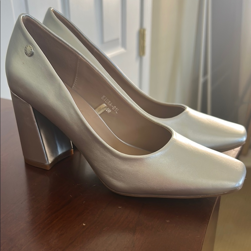 Elegant Silver Block Heel Pumps